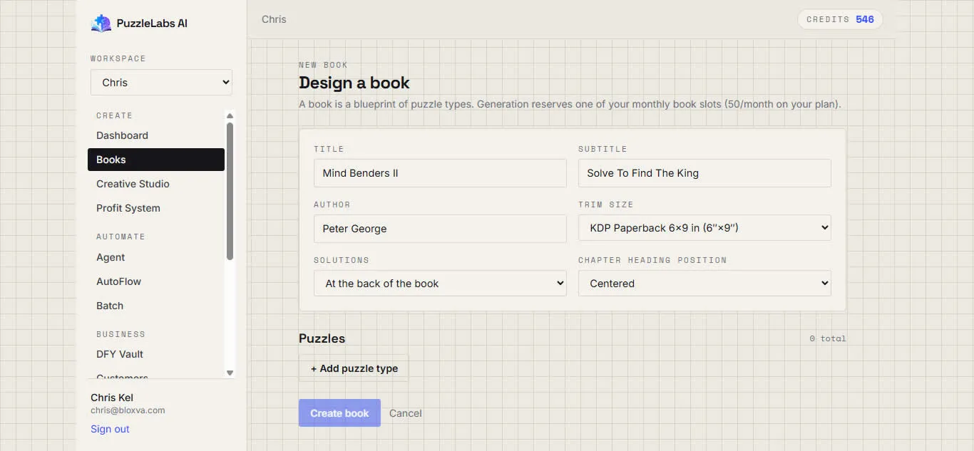 The real builder — name it, size it for KDP, and start stacking puzzle types