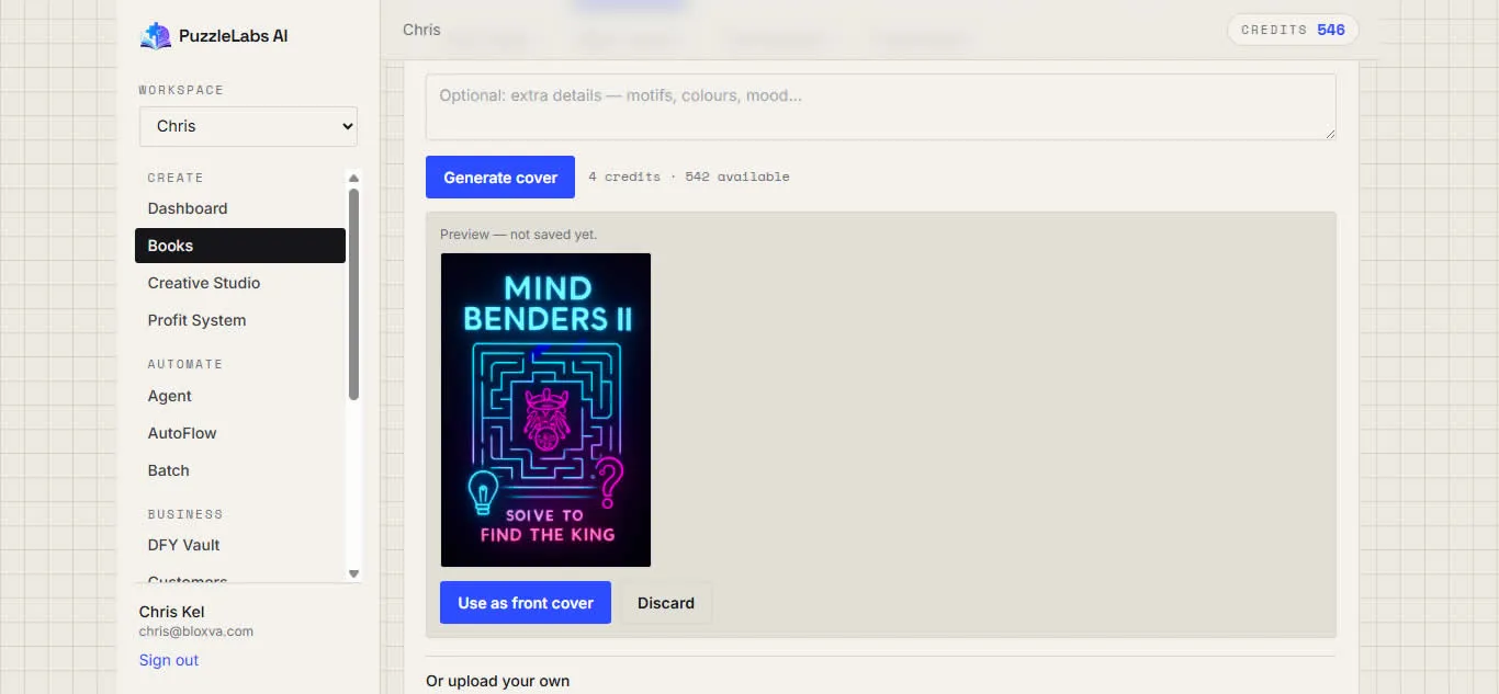 A cover the app generated on the spot — on-theme, print-ready, sized to trim