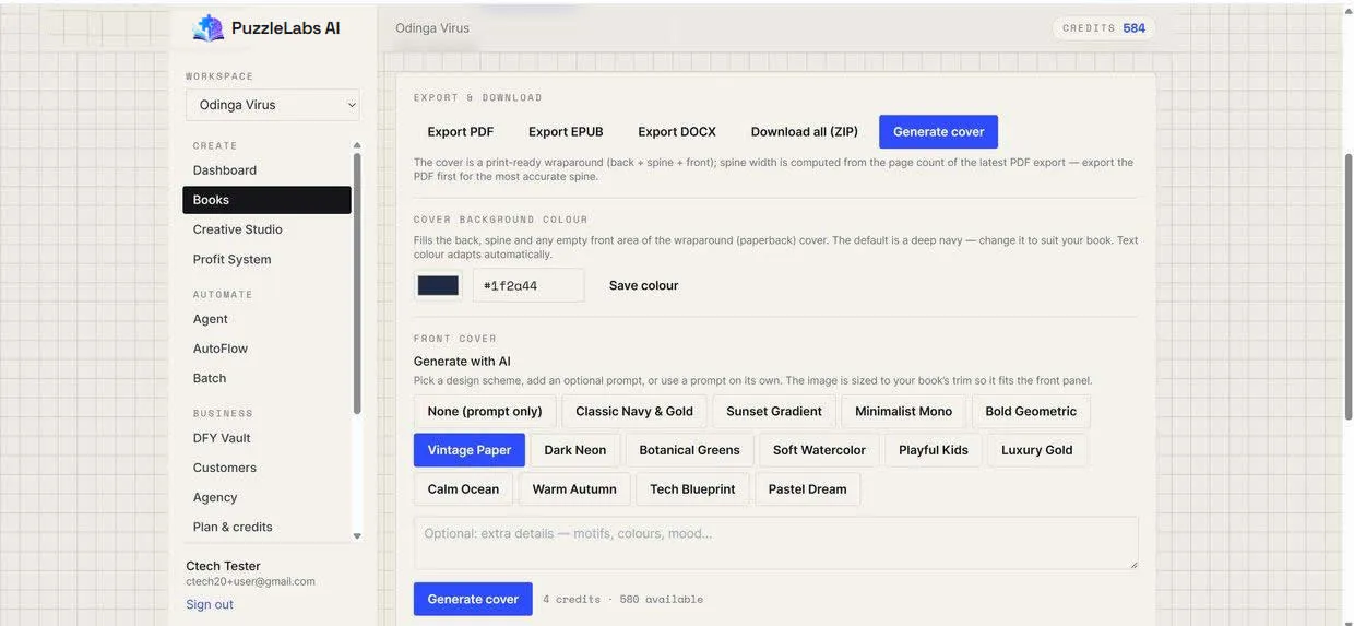 Export PDF, EPUB, DOCX, or the full ZIP — everything Amazon needs, ready to upload