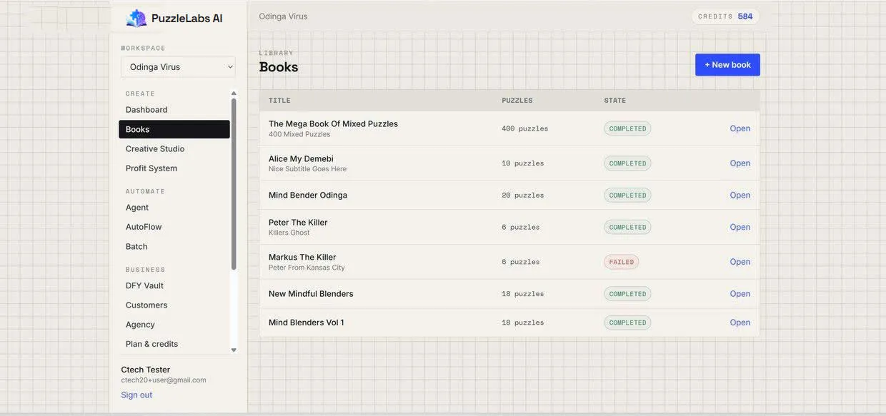 A real library inside the app — every book finished, verified, and ready to publish