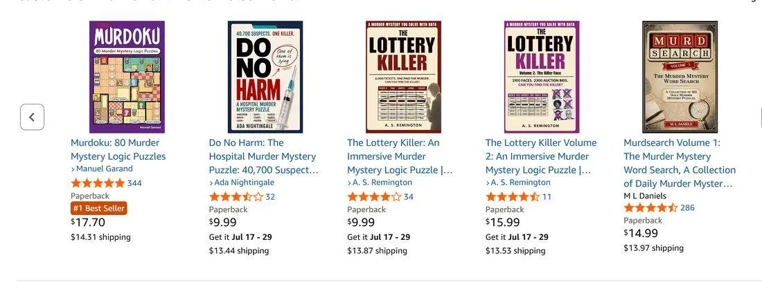 Amazon category page — Murdoku holds a #1 Best Seller badge with 344 reviews, Murdsearch has 286