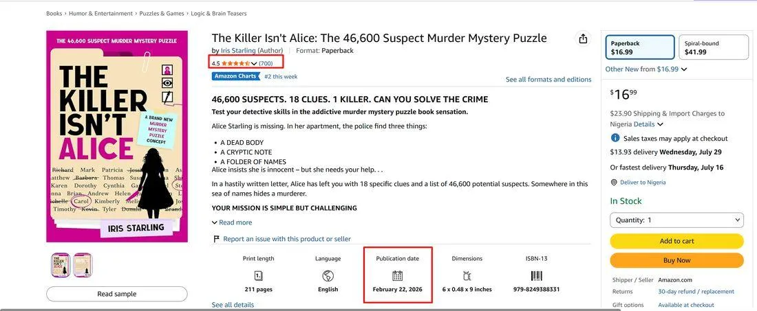 The Killer Isn't Alice — 700+ reviews, #2 on Amazon Charts, $16.99 paperback